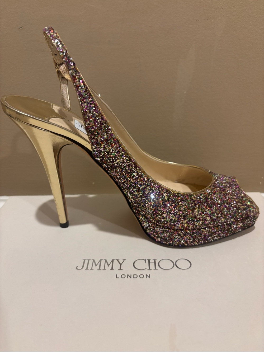Jimmy Choo Gold Slingback Glitter Peep-Toe Pumps